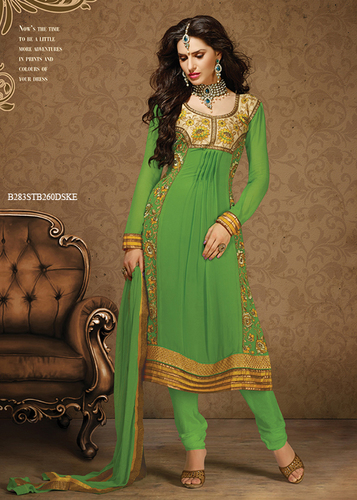 Green Embroidery Pure Georgette Semi-Stitched Suit With Dupatta