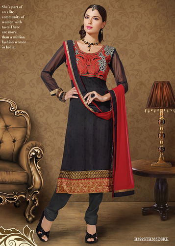Black Embroidery Pure Georgette Semi-Stitched Suit With Dupatta
