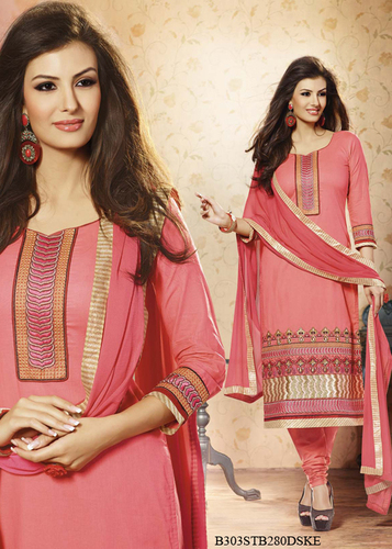 Coral Pink Embroidery Pure Cotton Cambric Unstitched Suit With Dupatta
