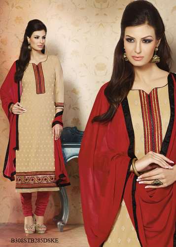 Cream Embroidery Pure Cotton Cambric Unstitched Suit With Dupatta