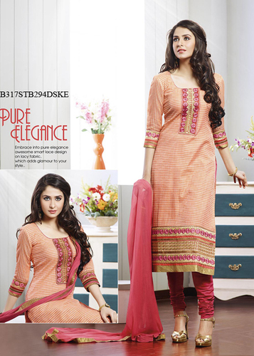 Ladies Designer Suit - Banaras Chanderi Fabric, Orange, 3/4th Sleeve, Embroidered, Unstitched, Dupatta Included