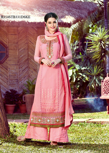 Pink Embroidery Pure Bamber With Schiffli Semi-Stitched Suit With Dupatta