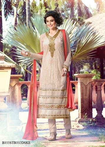 Cream Embroidery Pure Bamber With Schiffli Semi-Stitched Suit With Dupatta