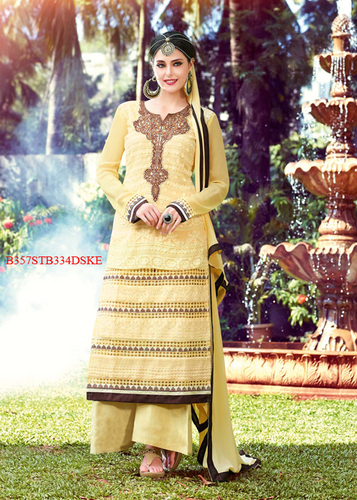 दुपट्टे के साथ शिफली अर्ध-सिले सूट के साथ पीला कढ़ाई शुद्ध बम्बर