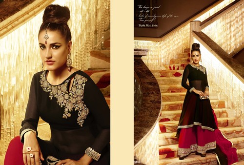 Refreshing Black Georgette Palazzo Anarkali Suit - Georgette, Chiffon, Black | Resham Work, Patch Border, Yoke Work, Matching Dupatta