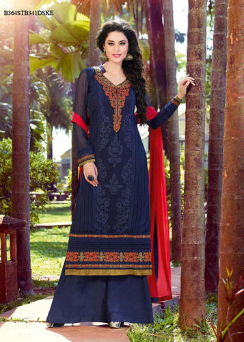 Nice Party Wear Suits - Pure Bamber Dark Midnight Blue, Schiffli Embroidery, Semi-Stitched, Full Sleeves, Palazzo