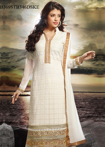 White Embroidery Pure Bamber With Schiffli Semi-Stitched Suit With Dupatta