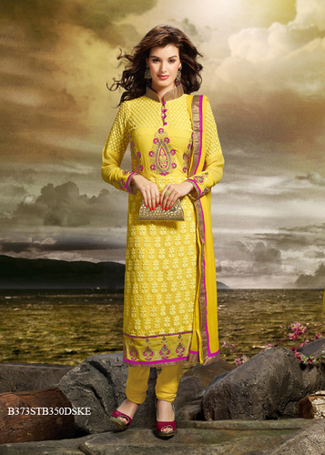 Yellow Embroidery Pure Bamber With Schiffli Semi-Stitched Suit With Dupatta - Yellow, Full Sleeve, Festival Wear | Elegant Design, Intricate Embroidery, Comfortable Fit