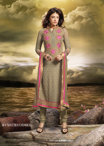 Dark Tan Embroidery Pure Bamber With Schiffli Semi-Stitched Suit With Dupatta
