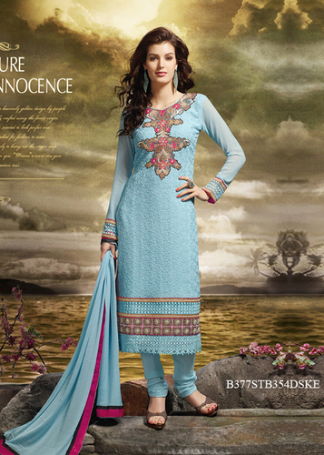 Sky Blue Embroidery Pure Bamber With Schiffli Semi-Stitched Suit With Dupatta - Pure Bamber, Sky Blue, Full Sleeve | Intricate Embroidery, Festival Wear, Comfortable Fit