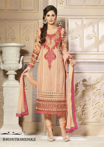 Orange Embroidery Pure Bamber With Schiffli Semi-Stitched Suit With Dupatta