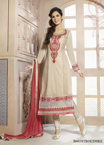Cream Embroidery Pure Bamber With Schiffli Semi-Stitched Suit With Dupatta