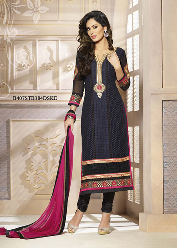 Charcoal Embroidery Pure Bamber With Schiffli Semi-Stitched Suit With Dupatta