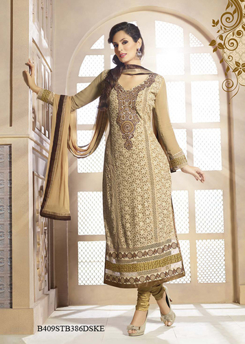 Ecru Embroidery Pure Bamber With Schiffli Semi-Stitched Suit With Dupatta