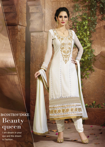 White Embroidery Pure Bamber Suit with Dupatta - White, Semi-Stitched, Full Sleeve | Schiffli Embroidery, Festival Wear