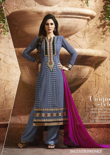 Grey Embroidery Pure Bamber With Schiffli Semi-Stitched Suit With Dupatta - Pure Bamber, Grey, Full Sleeve | Elegant Schiffli Embroidery, Festival Wear, Stylish Dupatta