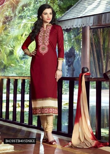 Maroon Embroidery Cotton Cambric Unstitched Suit With Dupatta - Cotton Cambric, Maroon, 3/4 Sleeve, Elegant Embroidery