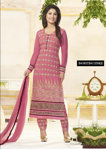 Pink Embroidery Georgette Semi-Stitched Suit With Dupatta - Georgette, Pink, Full Sleeve | Elegant Design, Intricate Embroidery, Festival Wear