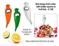 Bird shape fruit cutter with opener and fruit fork