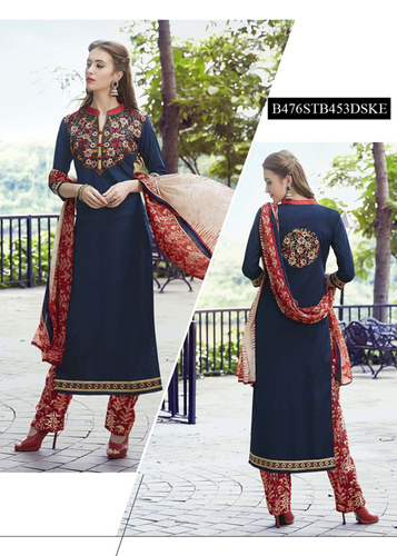 Fancy Ladies Suit - Pure Cotton Cambric, Dark Blue, 3/4th Sleeve | Elegant Style, Comfortable Fit, Embroidered Detail