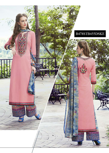 Designer Cotton Suit - Pure Cotton Cambric, Light Pink, 3/4th Sleeve | Elegant Embroidered Design, Comfortable Fit, Stylish Palazzo