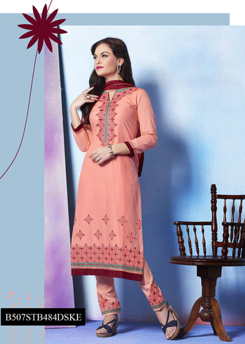 Long Designer Ladies Suit - Pure Cotton, Dark Salmon, 3/4th Sleeve | Elegant Design, Comfortable Fit, Embroidered Detail, Casual Wear