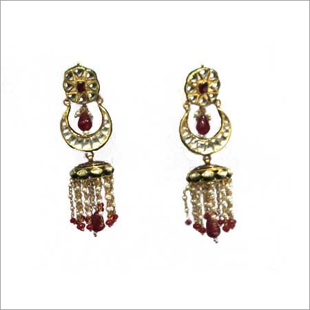 Kundan Meena Earrings - Gold, 50-60 mm, Post Closure | Elegant Design, Fine Craftsmanship, Ruby and Pearl Gemstone Accents, Traditional Style