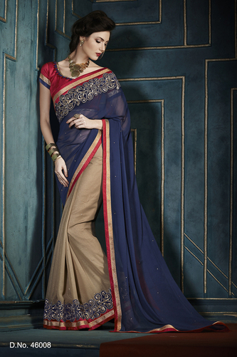 Georgette Sarees - 5.5 Meters Navy Blue Georgette, Cording Cutwork, Multiple Ready Lace, Crystal Embellishments, Elegant Stylish Look