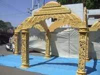 Wooden Carved Mandir Mandap - Wood, Variable Dimensions, Gold | Intricate Carving, Elegant Design, Modular Assembly, Customizable, Wedding Ready