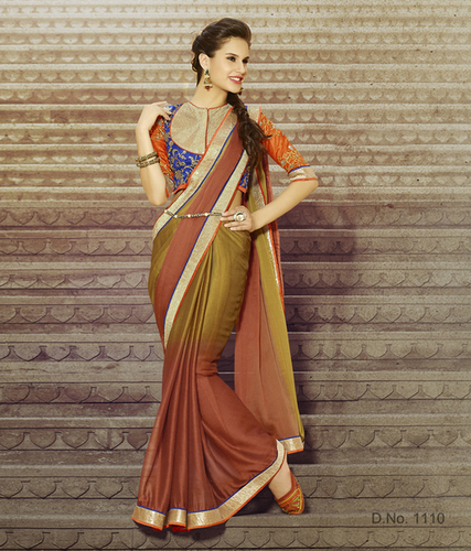 Fancy Sarees - Silk Blend 5.5 Meters Brown, Jardoshi Work Blouse Attached, Multiple Ready Lace