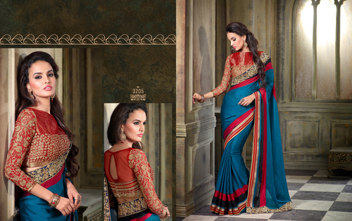 Superb Teal Satin Georgette Saree