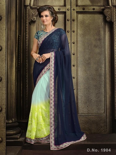 Fancy Sarees - Silk Blend, 5.5 Meters, Navy Blue | Jari & Resham Embroidery, Glitter Accents, Crystal Embellishments