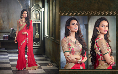 Bedazzling Red Chiffon Saree - 6.3m Length, Red, Chiffon | Resham, Lace, Diamond Work, Customizable Blouse 34-46 Inches
