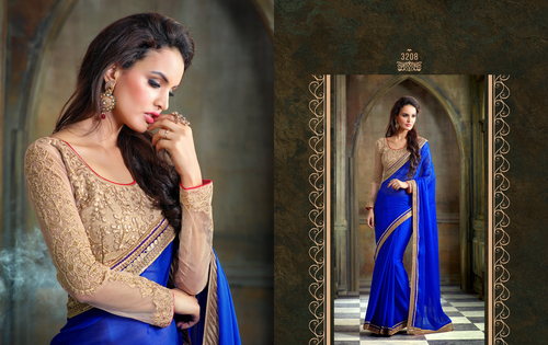 Sterling Violet Chiffon Saree - 6.3m Length, Blue Chiffon, Customizable Blouse | Resham Work, Patch Border, Floral Print