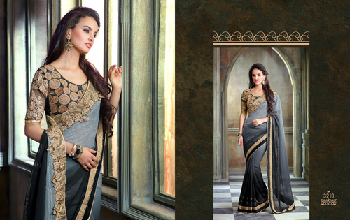 Demure Grey Georgette Saree - 6.3m Length, Custom 34-46 Inch Blouse | Resham, Lace, Diamond Work