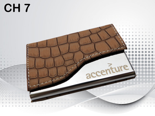 Elegant Visiting Card Holder - Leatherette and Metal, Medium Size Square Design in Brown with Customizable Logo