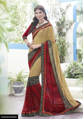 Beautifull Heavy Embroidery Saree - Georgette, Crepe, Chiffon & Jacquard 5.5M, Cream with Raw Silk Unstitched Blouse 0.8M, Elegant Design & Intricate Embroidery