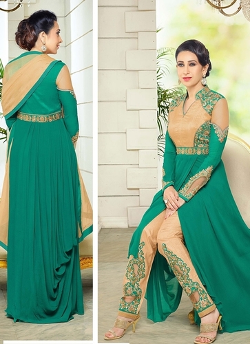 Karisma Kapoor Green Georgette Pant Anarkali Suit - Georgette Fabric, Green Color | Resham, Embroidery, Yoke Work, Matching Chiffon Dupatta