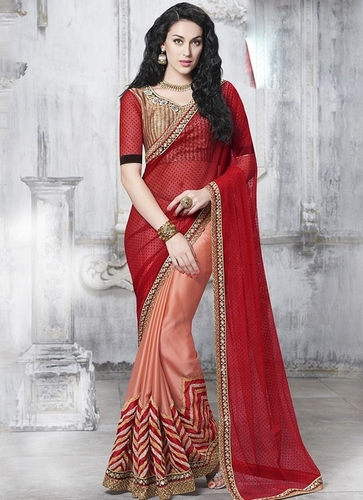 Captivating Red Chiffon Georgette Saree - 5.5 Meters, Customizable Size | Resham, Patch Border, Diamond, Embroidery Work