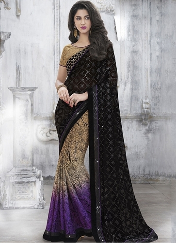 Miraculous Multi Colors Georgette Saree - 5.5 Meters, Black | Resham, Lace, Flower Print, Diamond Work, Custom Size