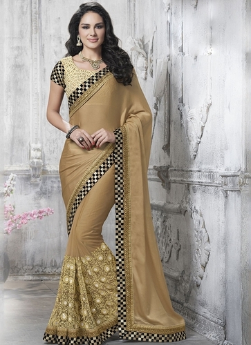 Delectable Burly Wood Chiffon Satin Saree