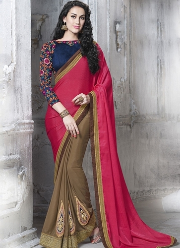 Modest Magenta Chiffon Satin Saree