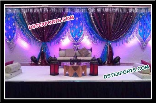 Indian Wedding Embroidered Backdrop Stage - Fabric and Wood, Custom Sizes, Purple, LED Lighting | Elegant Design, Easy Assembly, Durable Structure