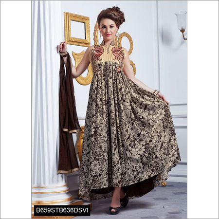 Anarkali Ladies Salwar Kameez - Bhagalpuri Print Fabric, Coffee Color, Sleeveless | Embroidery Work, Semi-Stitched, Dupatta Included