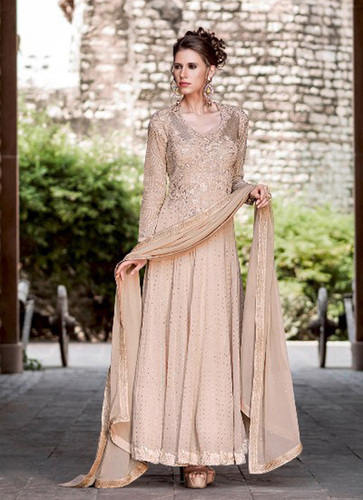 Debonair Lace Work Cream Faux Chiffon Anarkali Salwar Suit