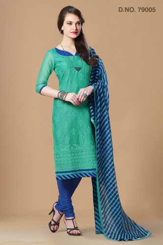 Fancy Dress Material - Resham Cotton 1.5 Meters Teal, Sober Embroidery with Contrast Ready Lace