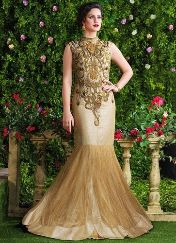 Observable Brown Dimple Net Party Wear Gown - Net Fabric, Brown, Customizable Size | Resham, Diamond, Patch Border Embroidery, Chiffon Dupatta