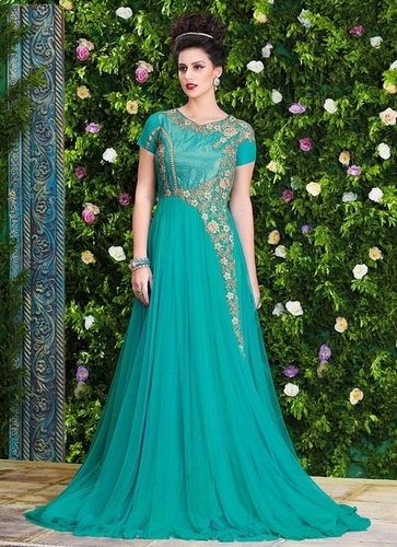 Fetching Turquoise Net Party Wear Gown