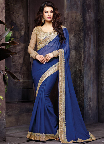 Winsome Faux Chiffon Blue Designer Saree