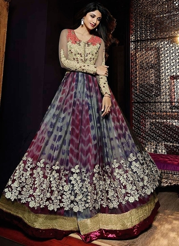 Shilpa Shetty Multi Colors Net Anarkali Suit - Sizes 34-46, Resham & Patch Border Work, Matching Chiffon Dupatta